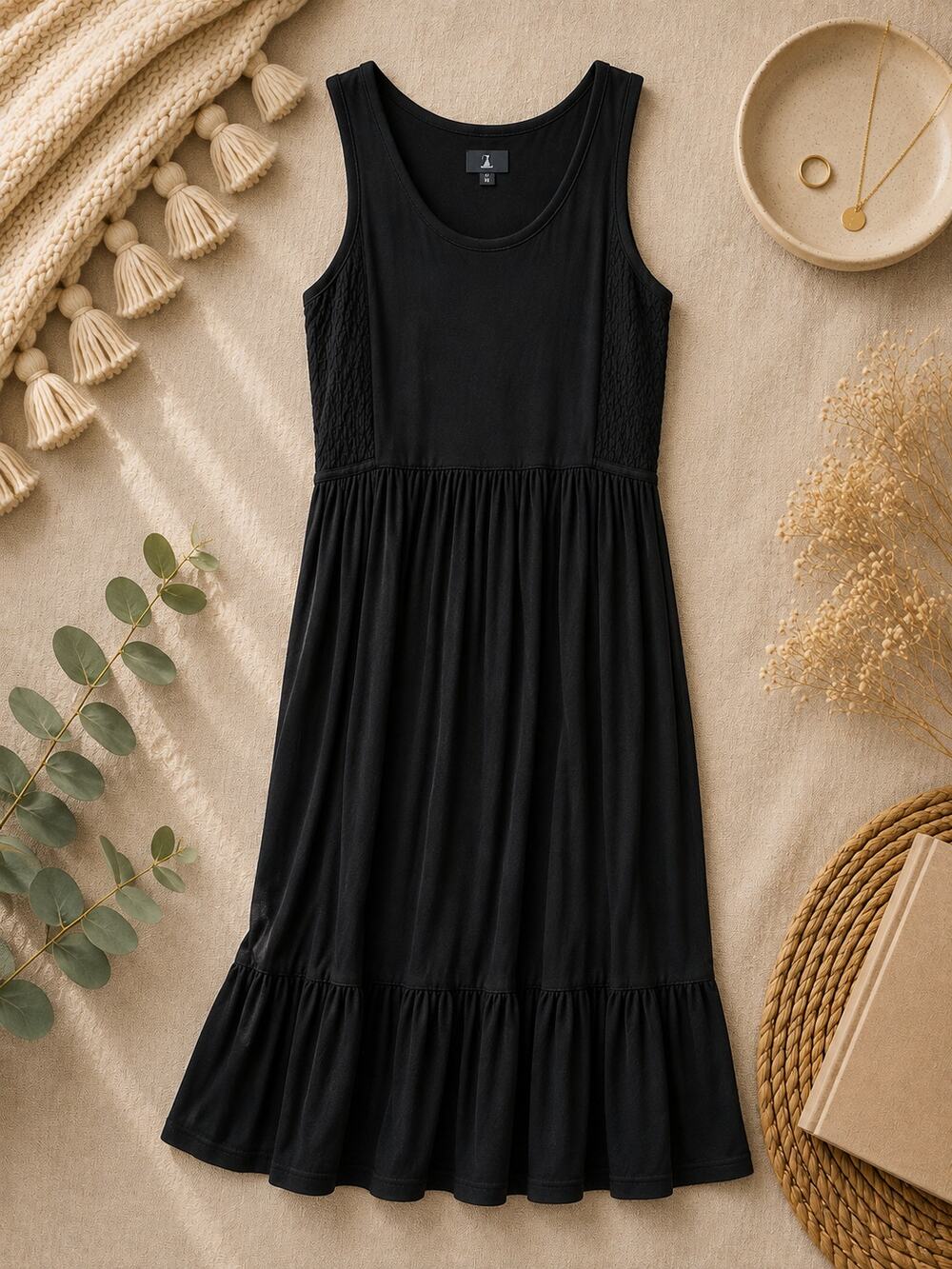 J Jason Wu Smocked Tank Tiered Midi Dress Black Minimalist Boho Classic Size XL